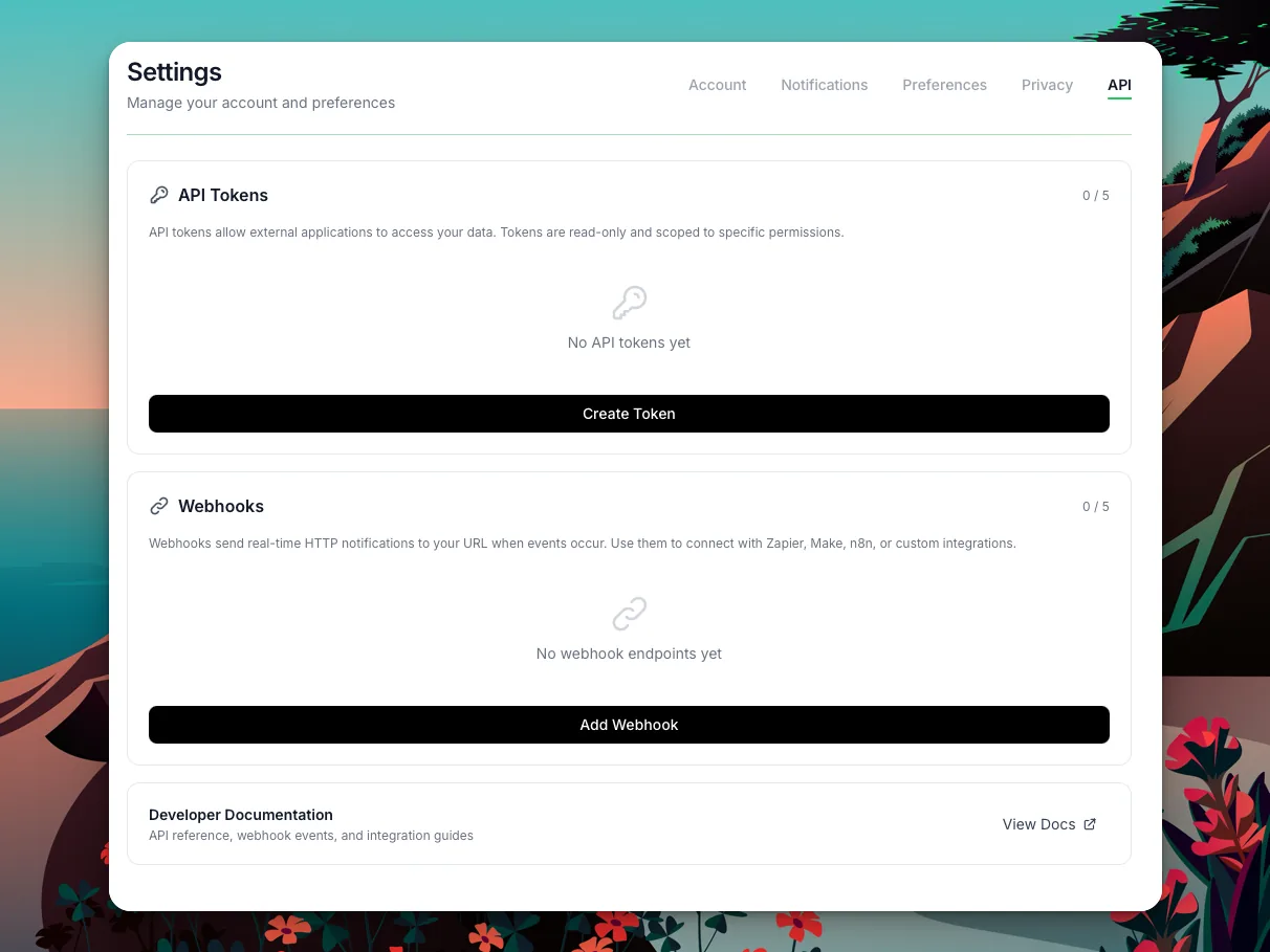 The Settings > API page in loggd.life showing API Tokens, Webhooks, and a link to Developer Documentation