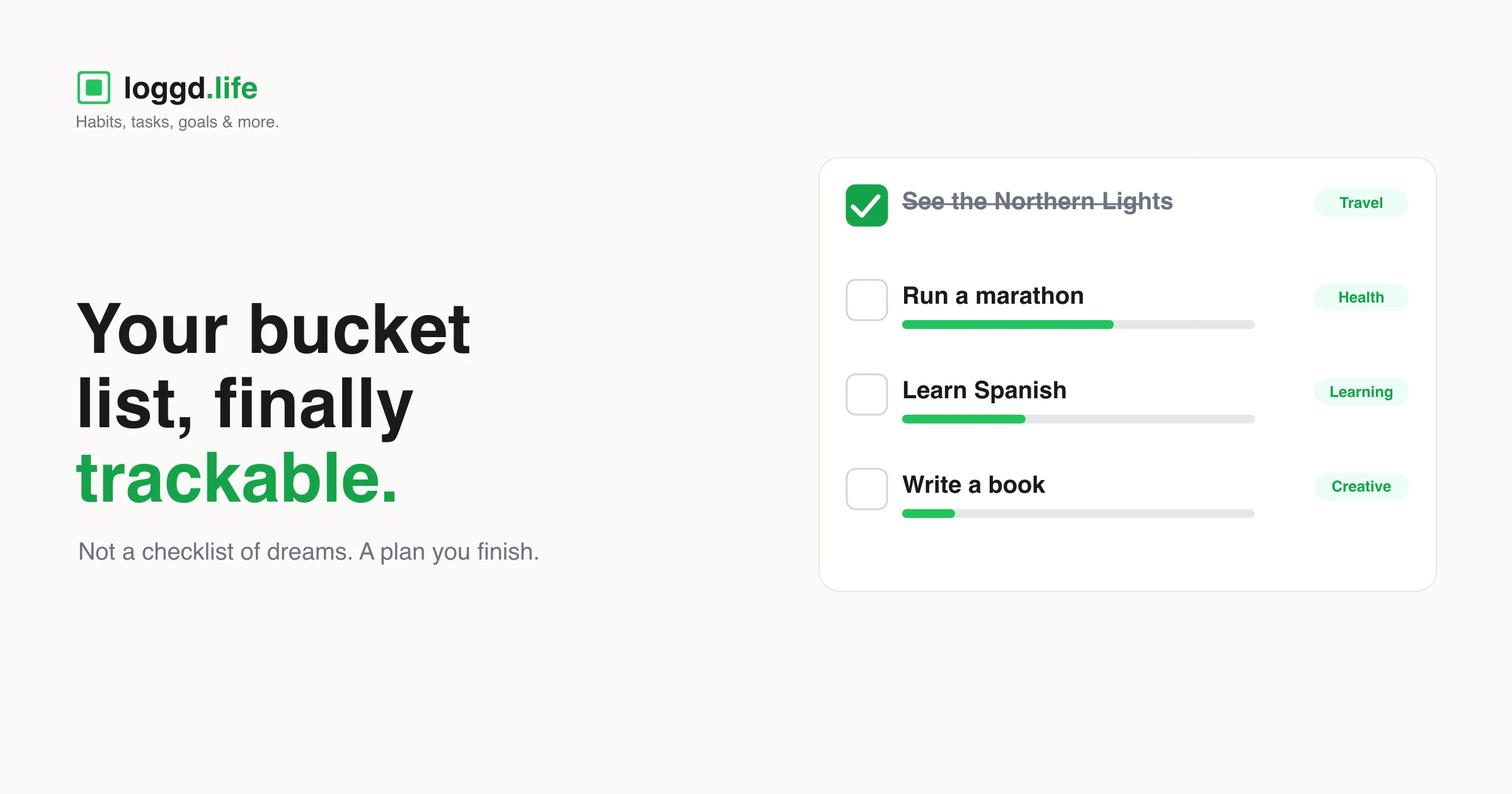 A branded loggd.life graphic titled "Your bucket list, finally trackable" showing a checklist of life experiences with progress bars and category tags, illustrating a bucket list that tracks completion instead of sitting static.