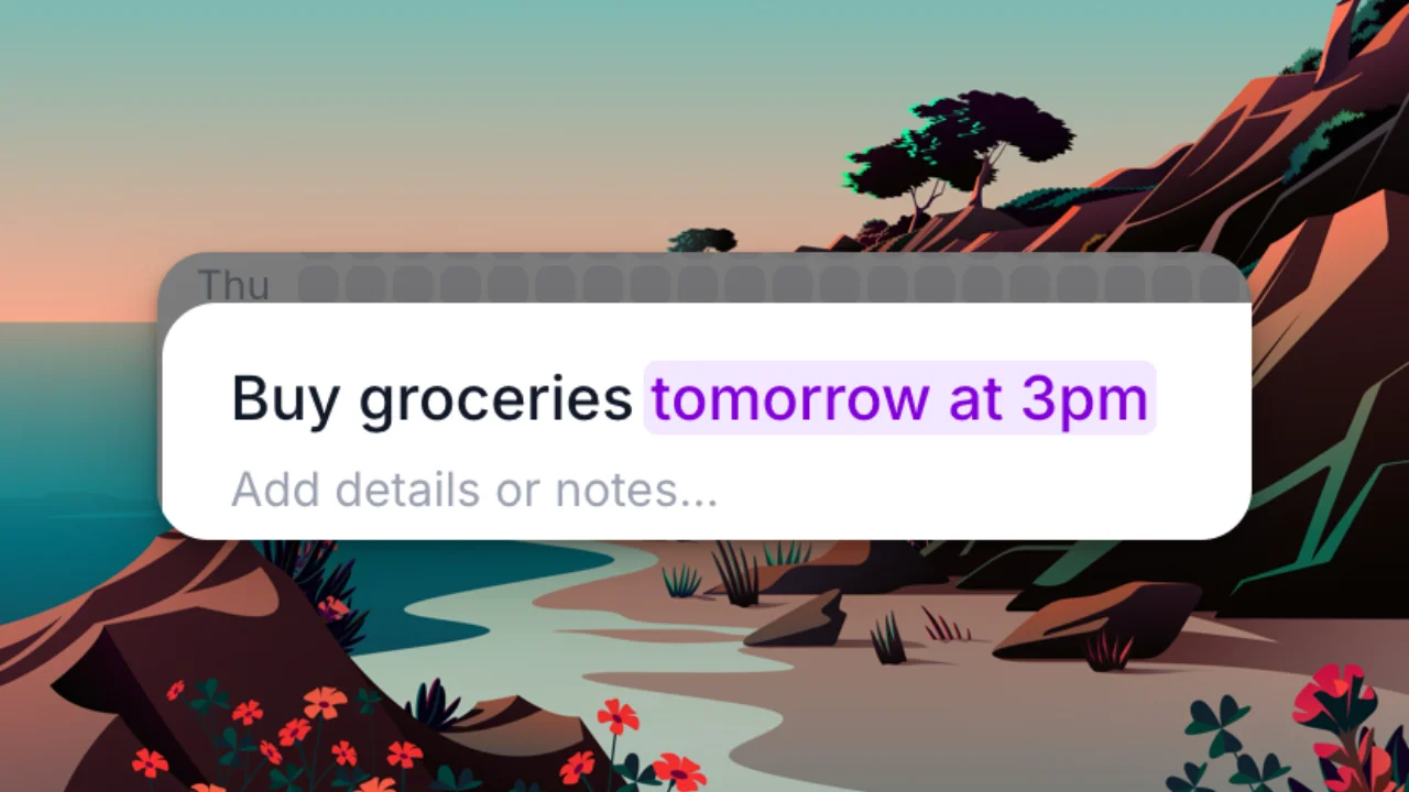 Close-up of the purple highlight on "tomorrow at 3pm" inside the task title field