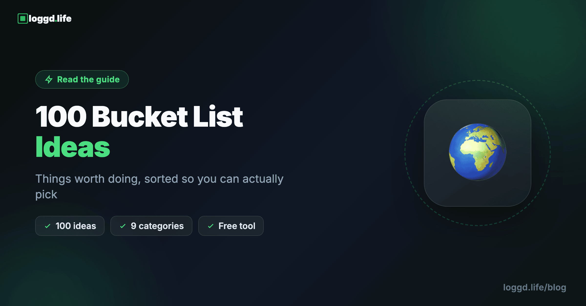A bucket list with checked items, a checkmark icon, and small icons for travel, mountains, and goals