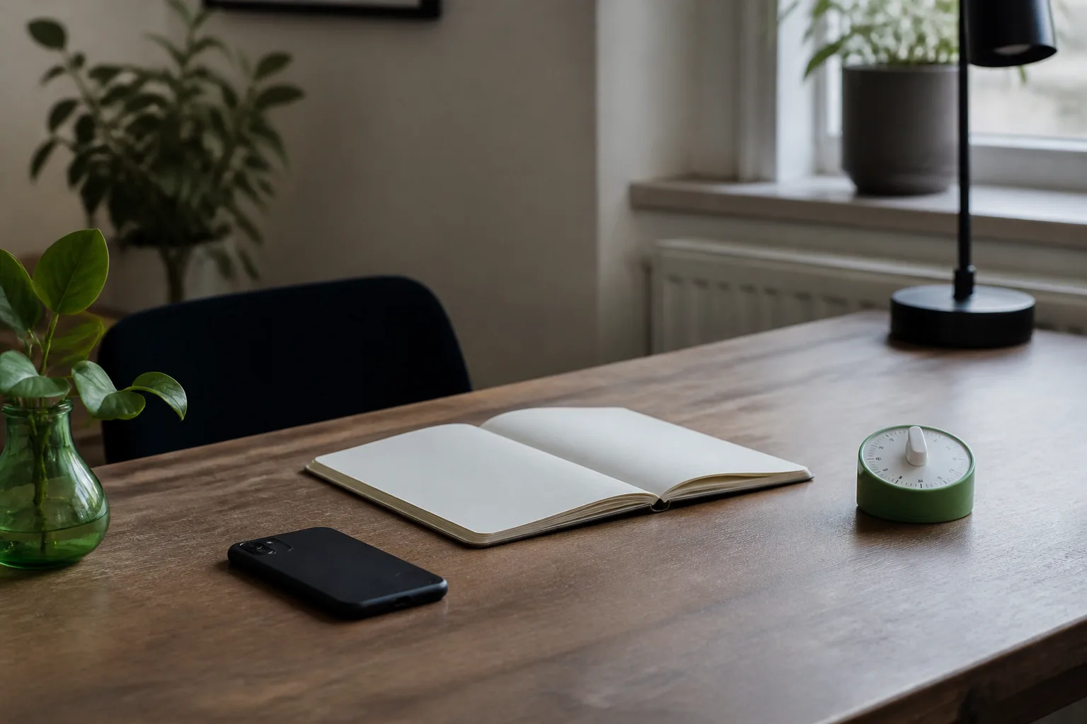 A notebook, a small timer, and a face-down phone on a quiet desk.