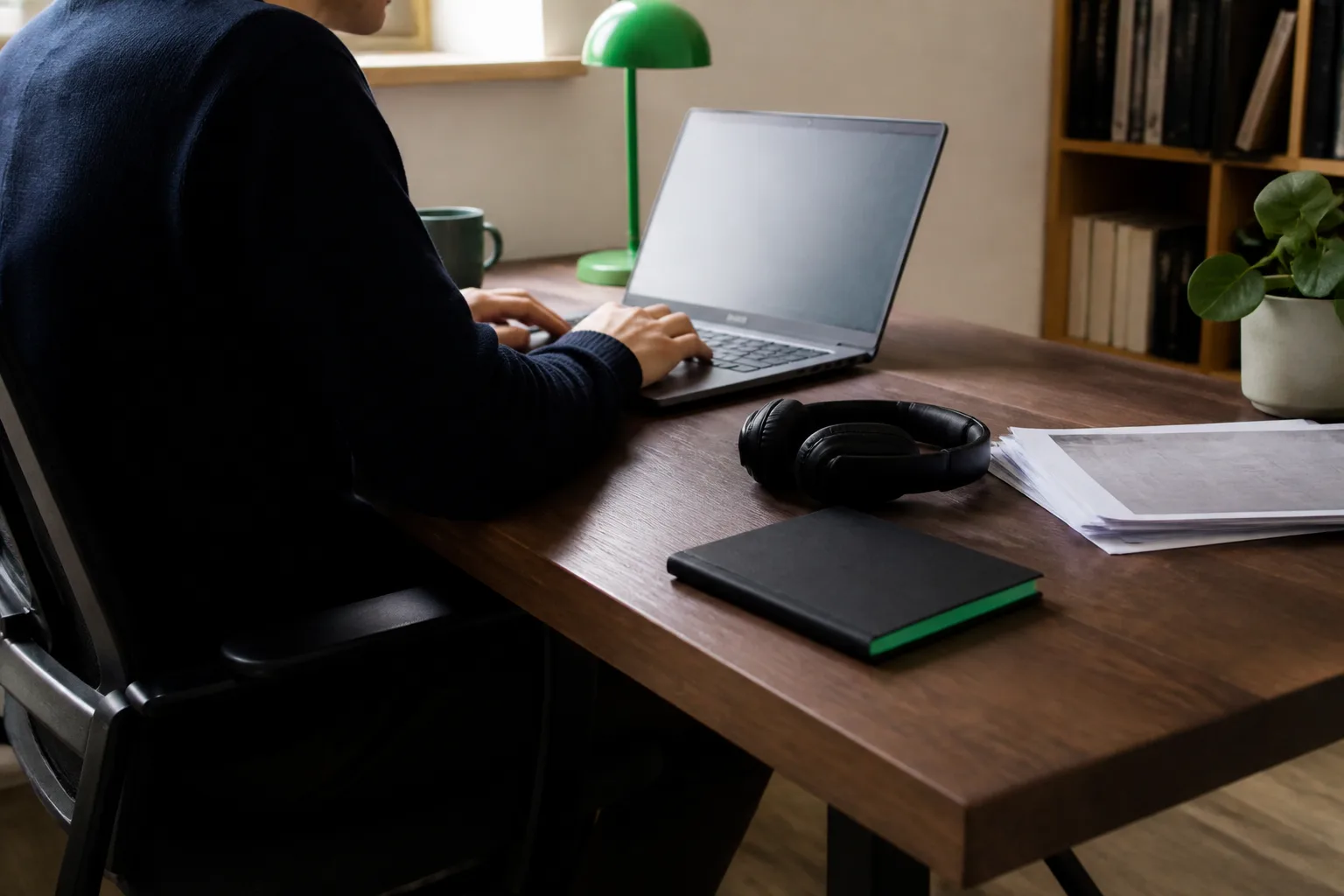 A laptop, headphones, notebook, and printed pages arranged on a home-office desk.