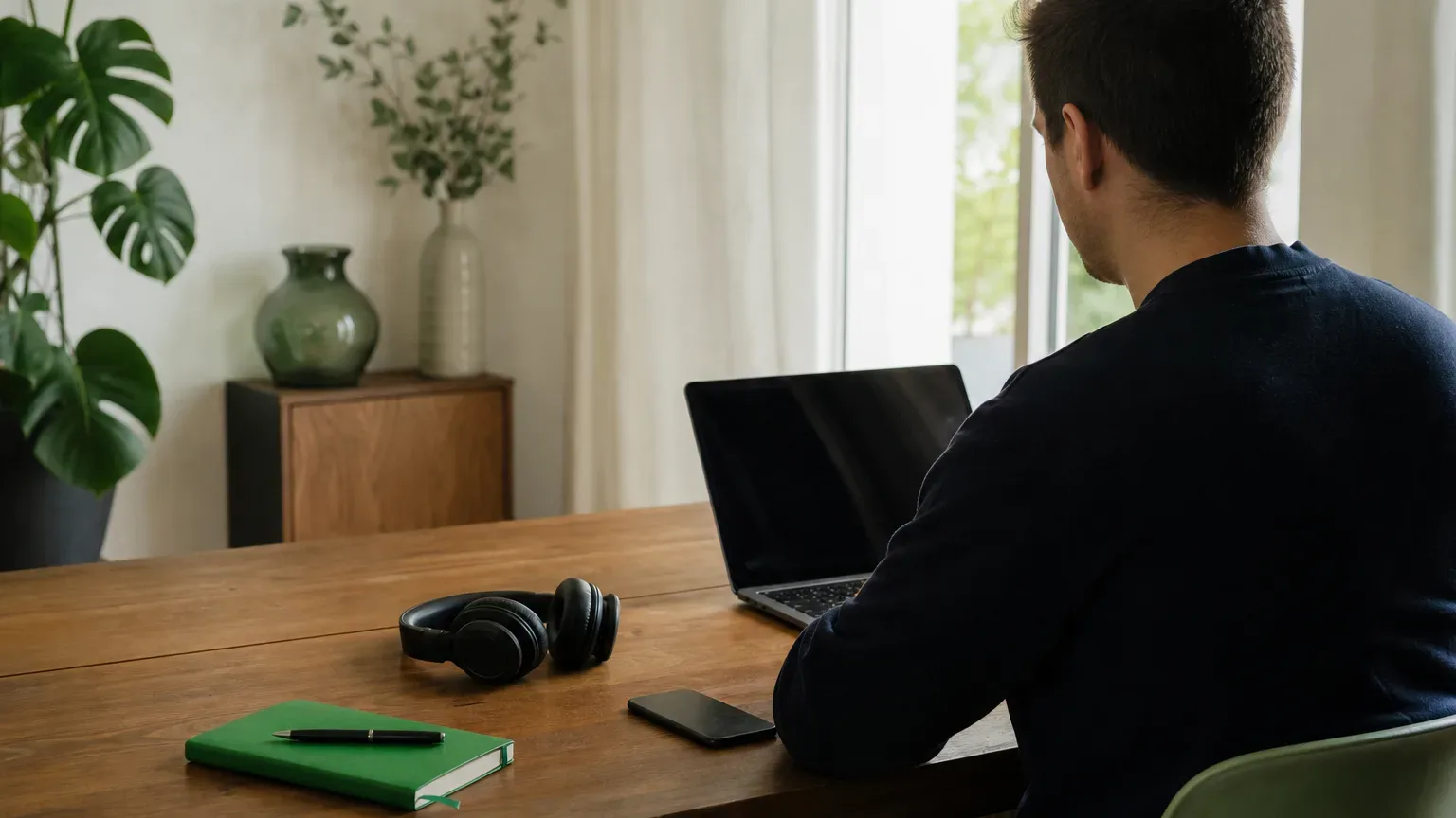 A laptop, phone, notebook, and headphones on a sunlit desk.