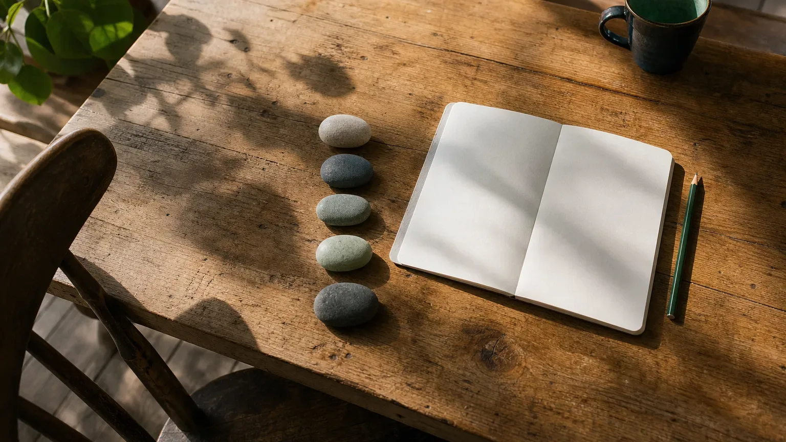 Five smooth stones sit beside a blank notebook and pencil on a wooden table.