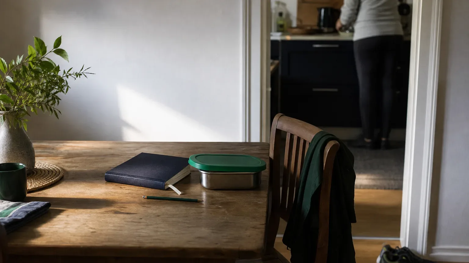 A planner, pencil, lunch container, and walking shoes are ready for an ordinary day.