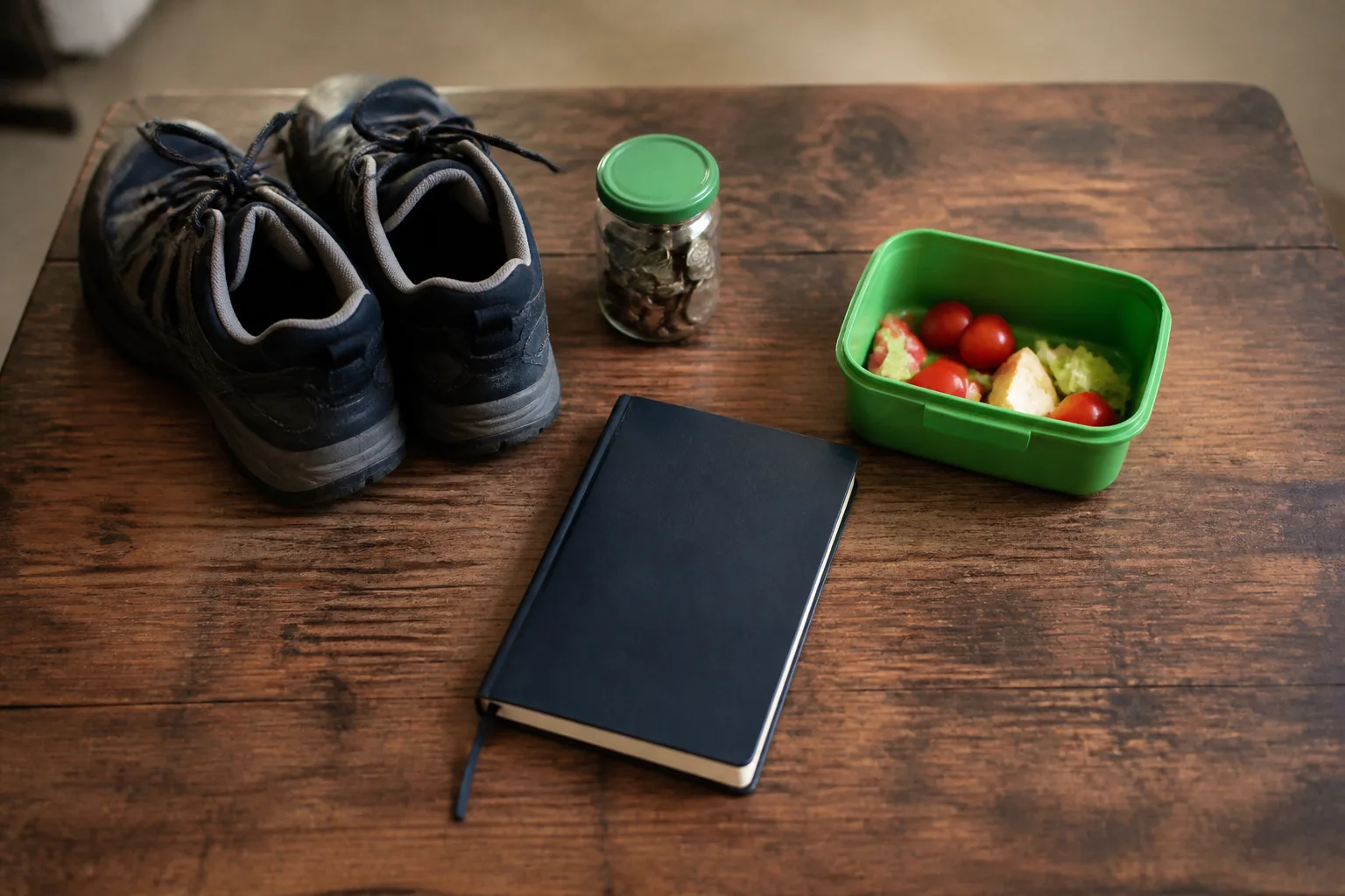 Walking shoes, a notebook, a lunch container, and a jar of coins represent different areas for goals.