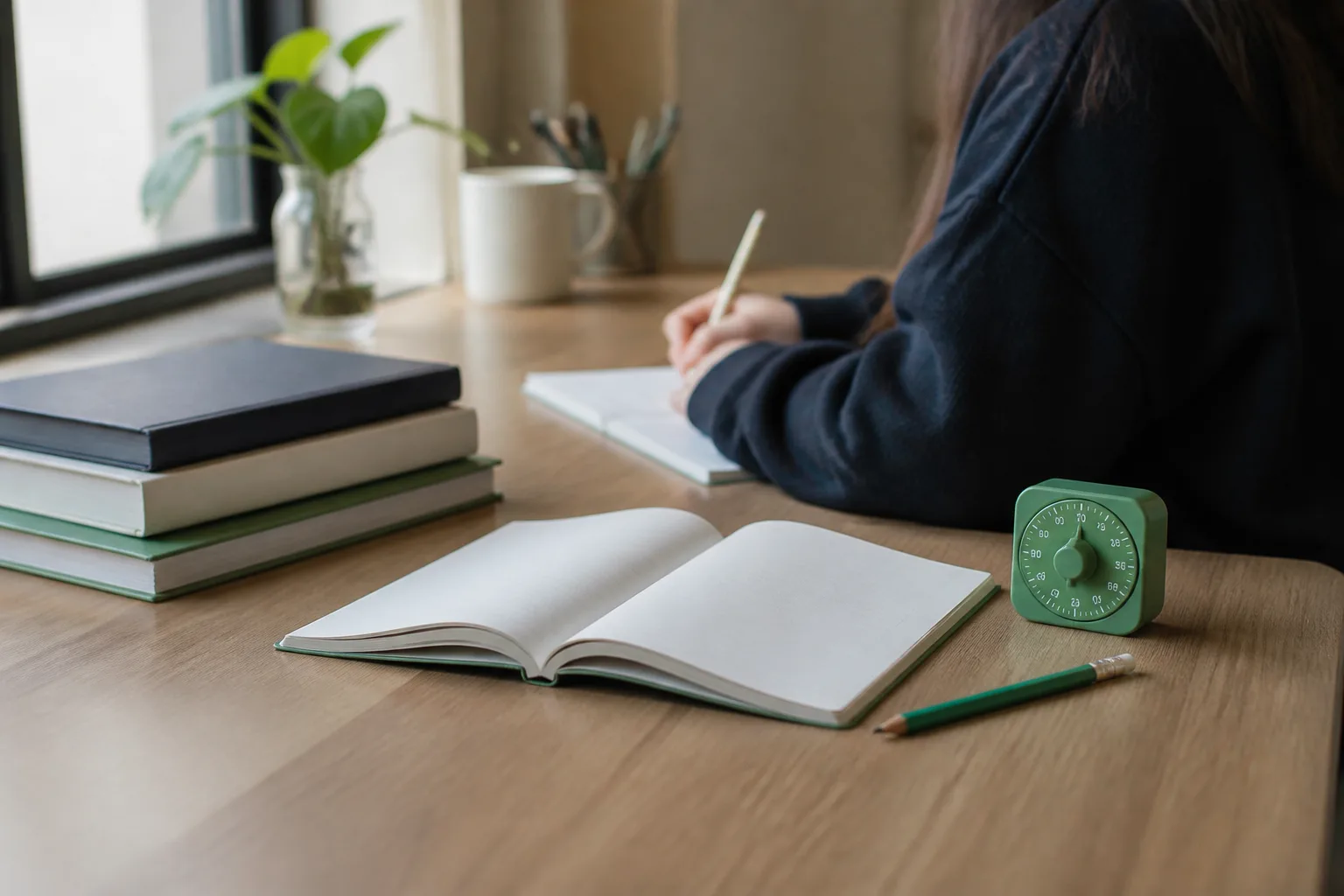 A timer, pencil, and open notebook sit on a clear desk beside a small stack of study materials.