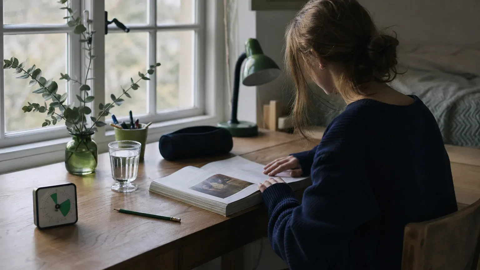 An open textbook, pencil, water glass, and small timer sit on a desk beside a window.