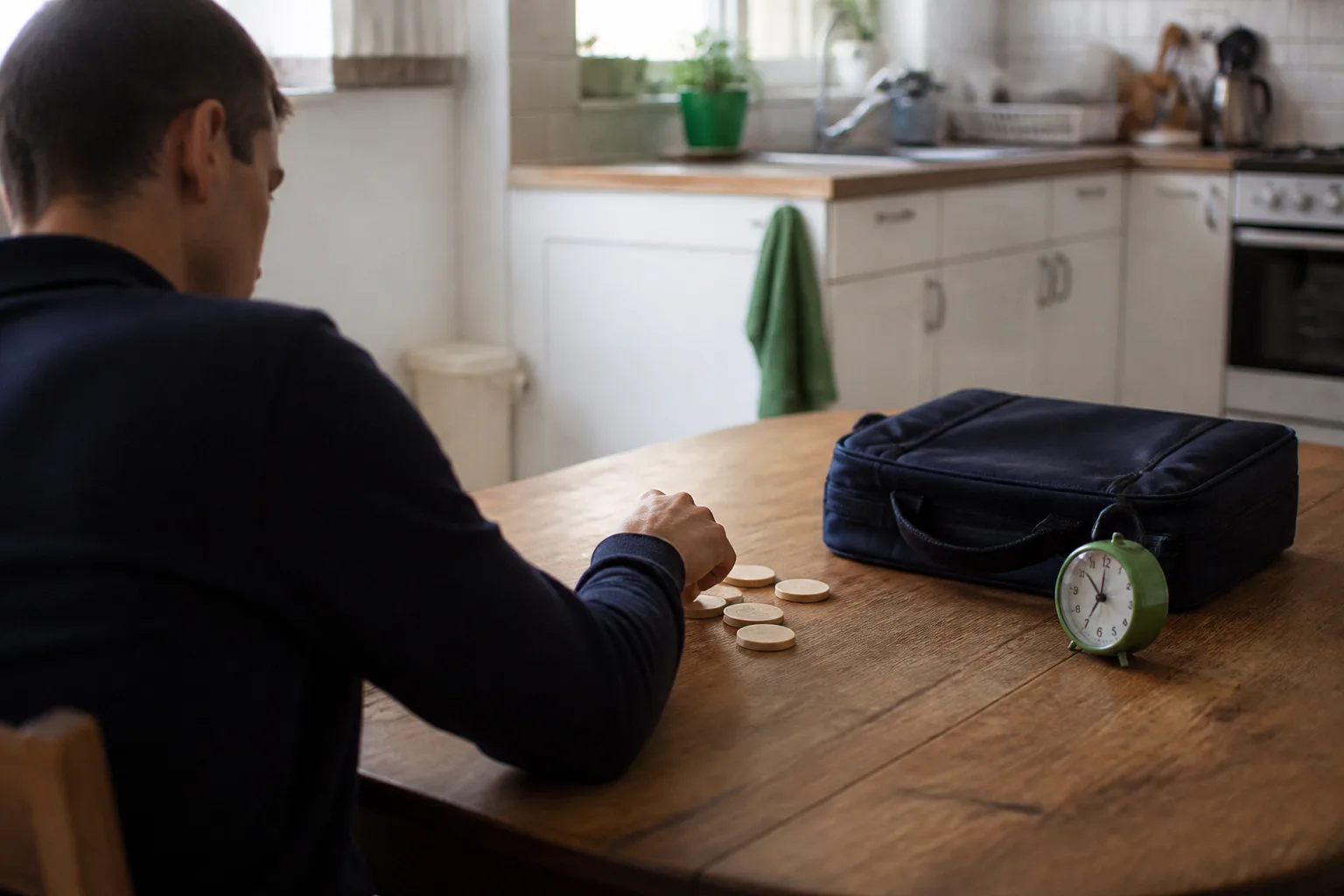A person arranges wooden tokens beside a work bag and an analog clock on a kitchen table.