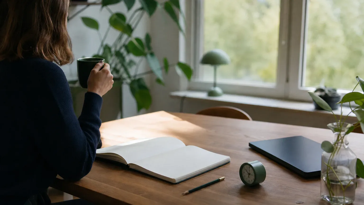 An open notebook, pencil, analog timer, and closed laptop sit on a desk in morning light.