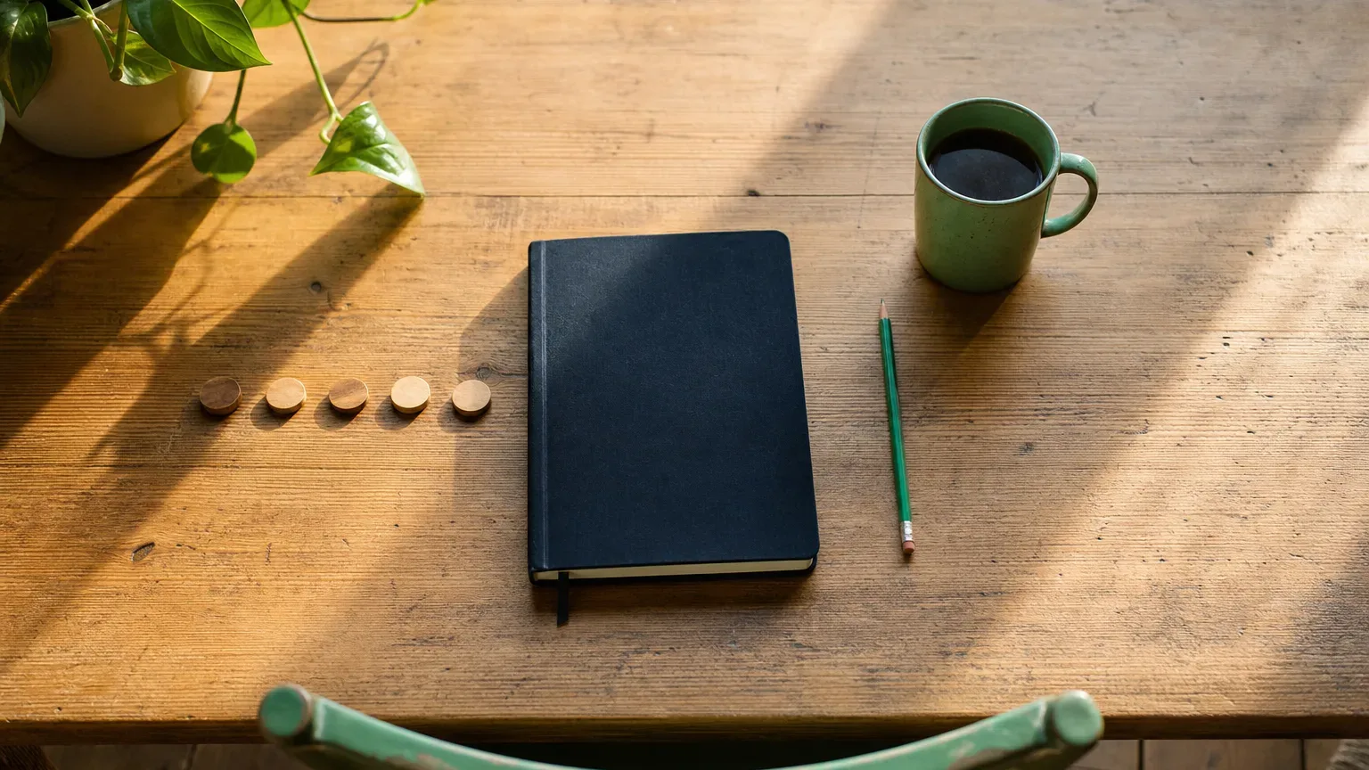 A closed planner, five wooden tokens, a pencil, and a coffee mug on a sunlit desk.