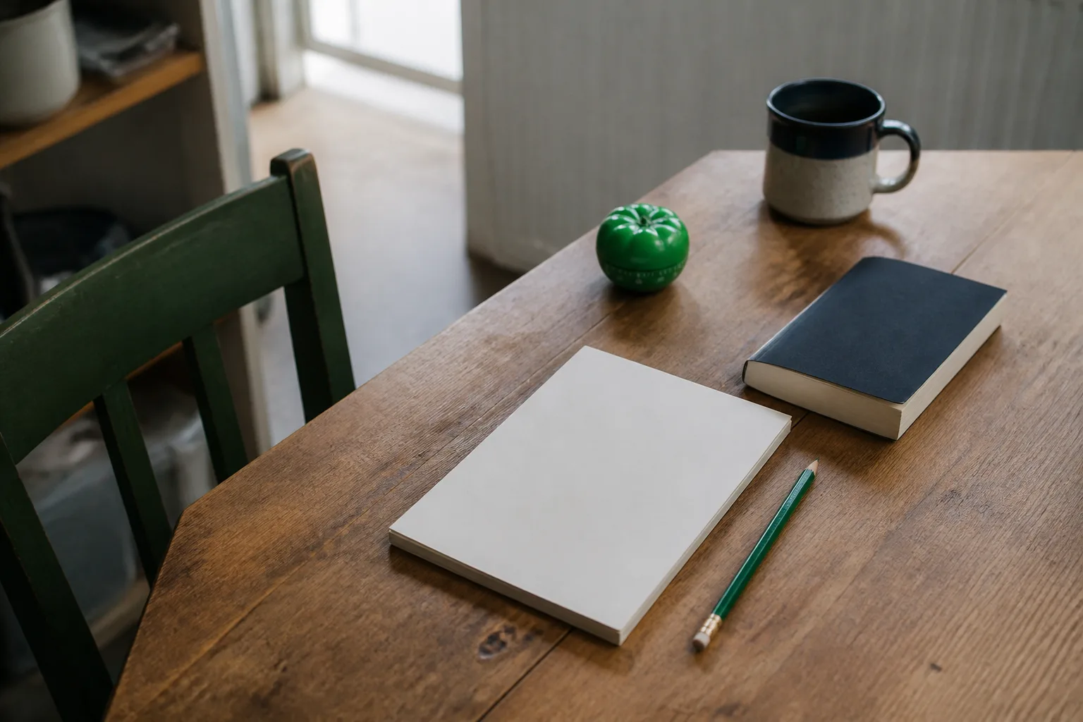 A paperback, closed notebook, pencil, and kitchen timer sit on a table.
