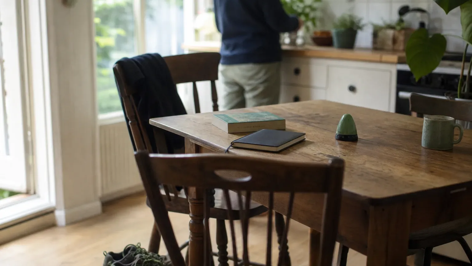 A paperback, notebook, and timer sit on a kitchen table, with walking shoes beneath the chair.
