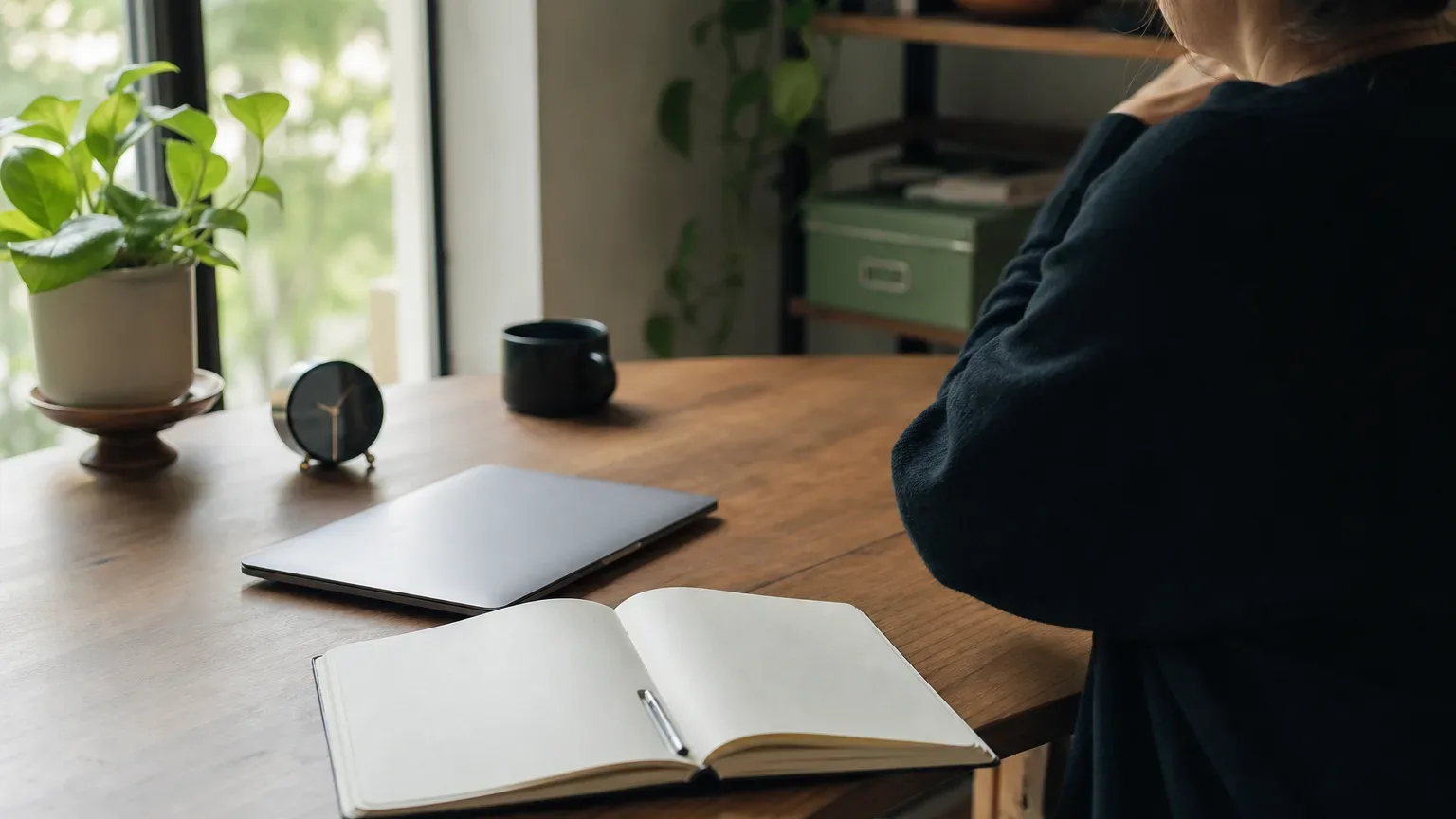 A notebook, pen, small clock, and closed laptop sit on a desk beside a window.