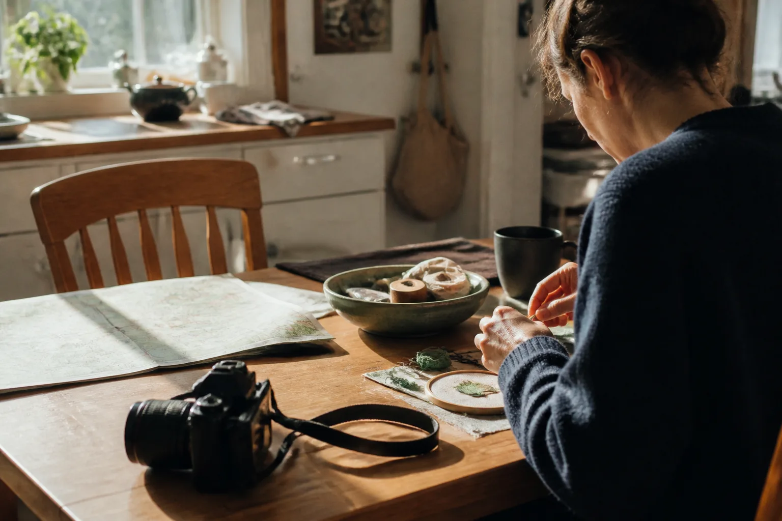 A craft project, folded map, camera, and small household items on a kitchen table.