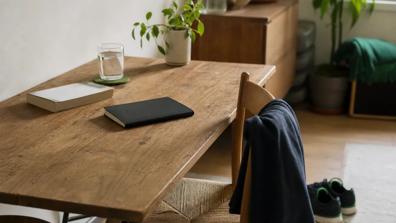 A notebook, paperback book, and glass of water on a desk, with walking shoes beside the chair.