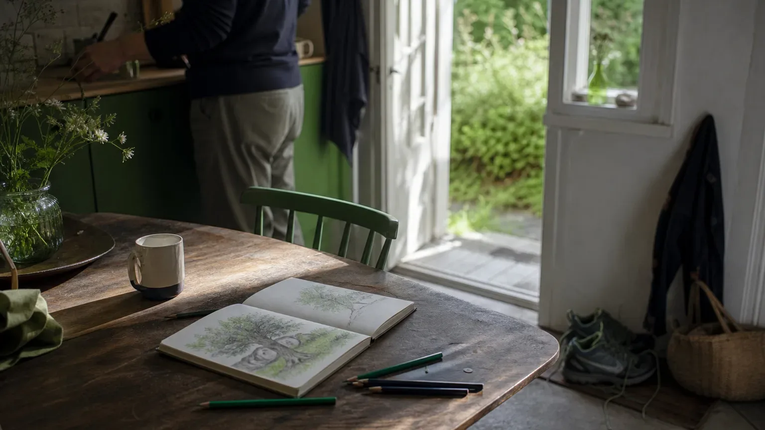 A sketchbook, pencils, and a mug sit on a sunny table, with walking shoes beside the door.