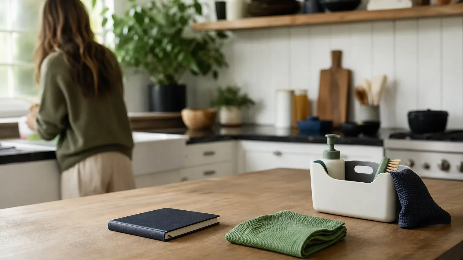 A cleaning caddy, folded cloth, and closed notebook on a clear kitchen counter.