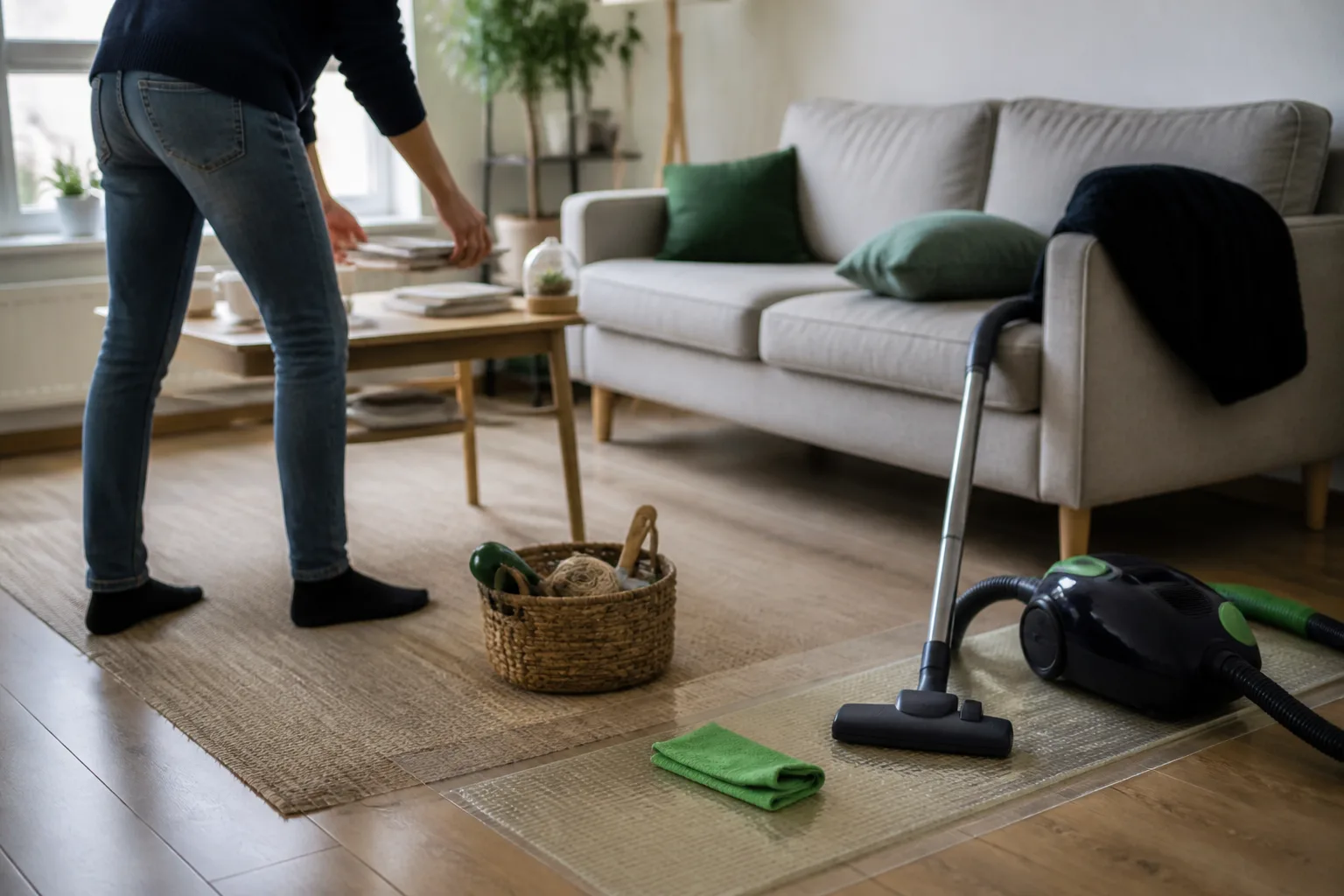 A vacuum, cleaning cloth, and small collection basket beside a clear living room rug.