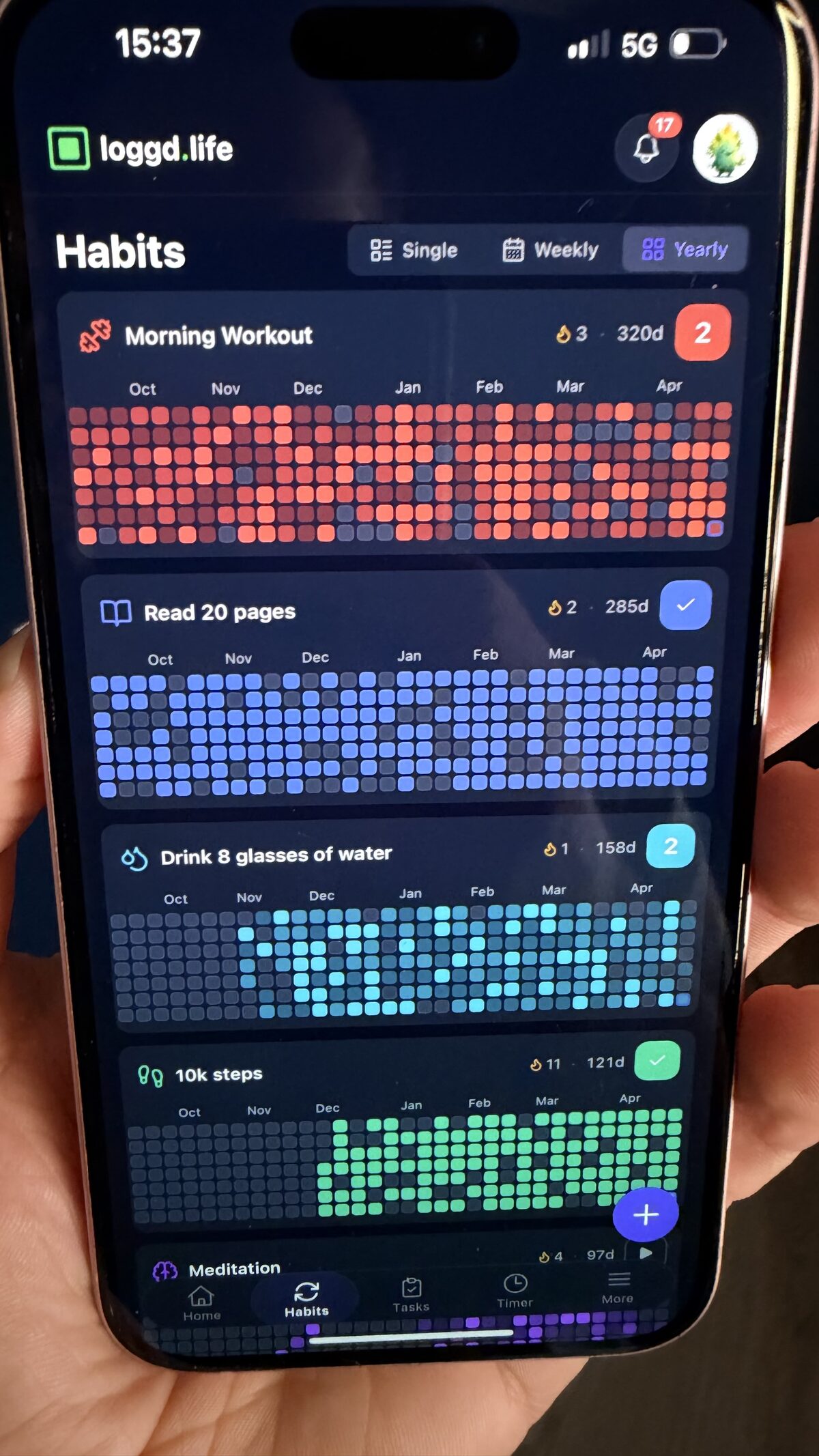 Yearly habit grid on iOS — 320-day streak