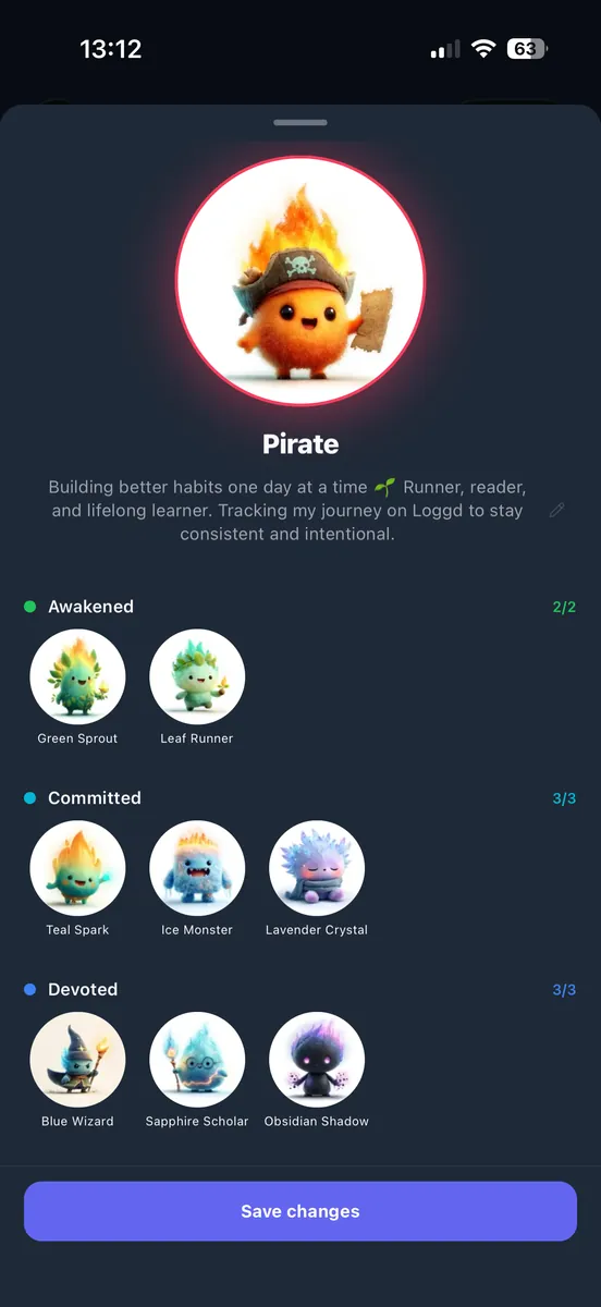 The character picker on iPhone showing unlocked tiers