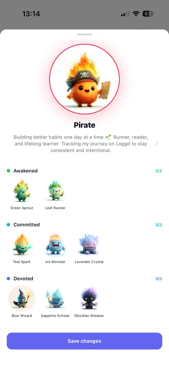 The character picker on iPhone showing unlocked tiers