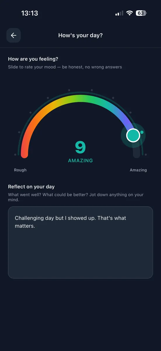The daily check-in on iPhone with a mood arc and a reflection