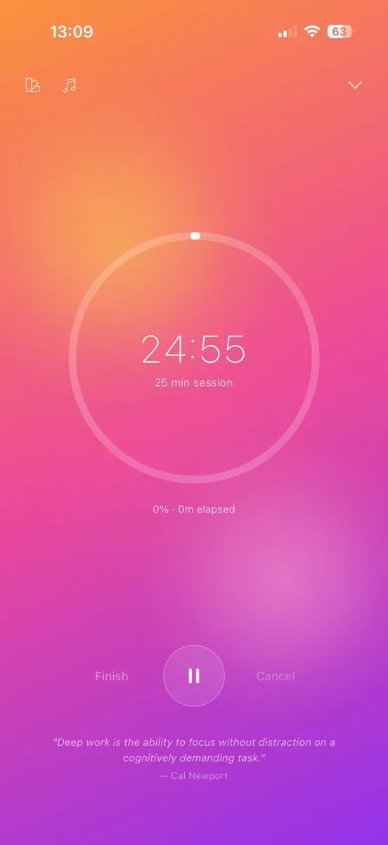 A 25-minute focus session running fullscreen on iPhone