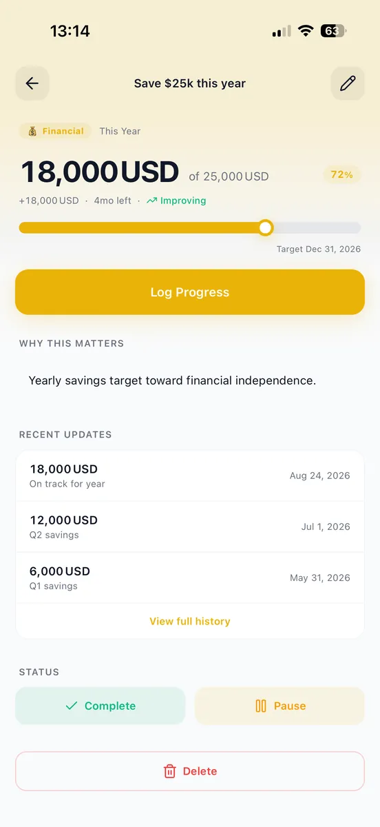 A savings goal on iPhone at 72 percent with its update history