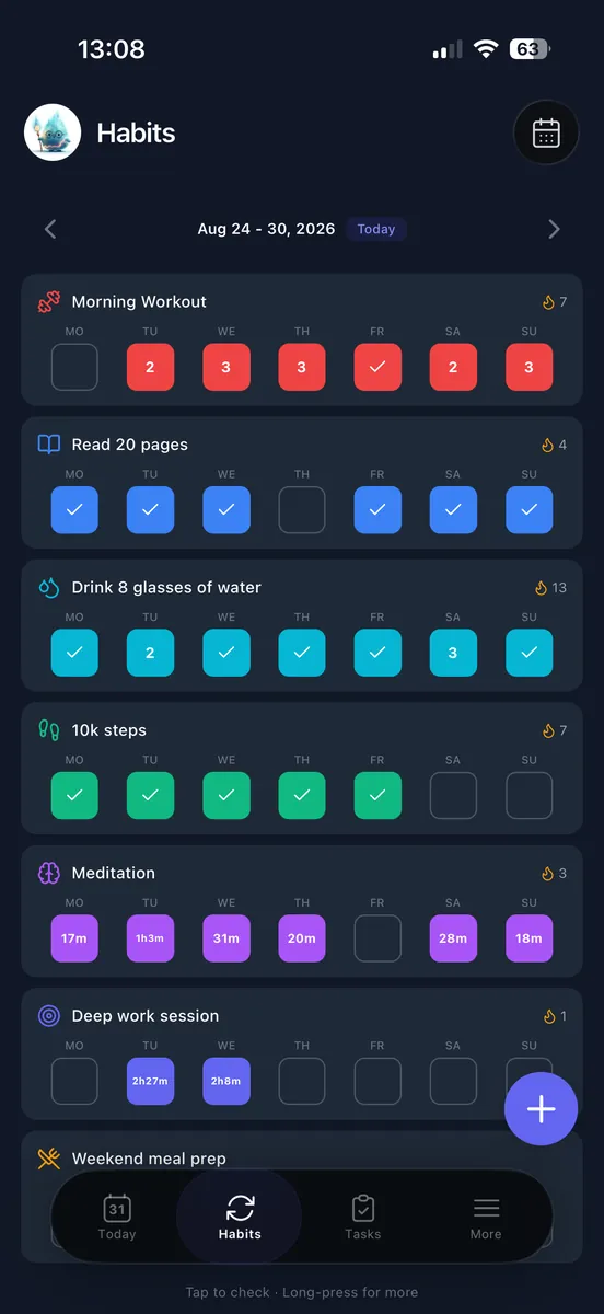 The weekly Habits view on iPhone with a check for each day