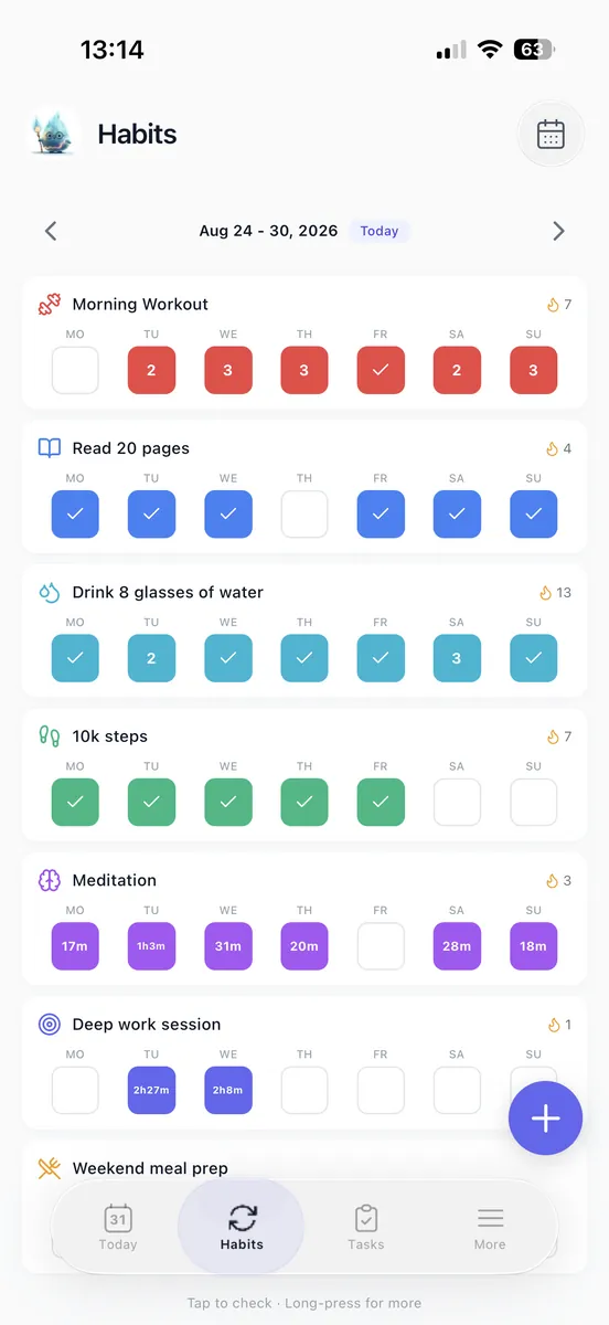 The weekly Habits view on iPhone with a check for each day