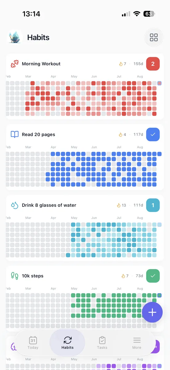 The Habits screen on iPhone showing a full-year grid for each habit