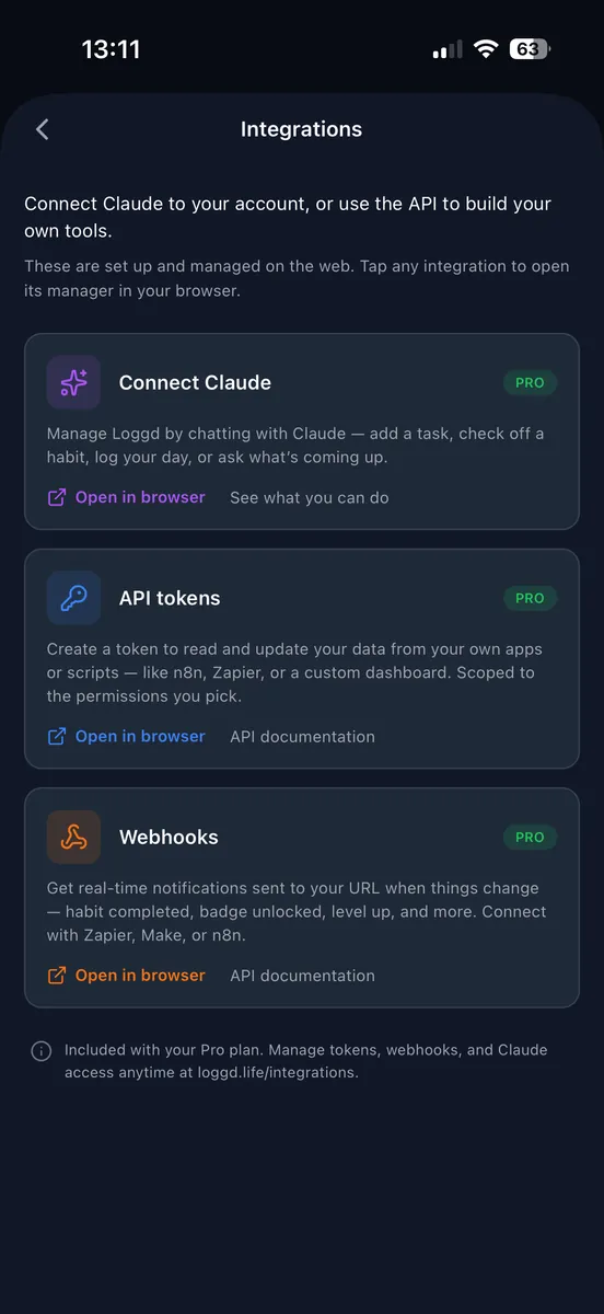 The Integrations screen on iPhone showing Claude, API tokens and webhooks