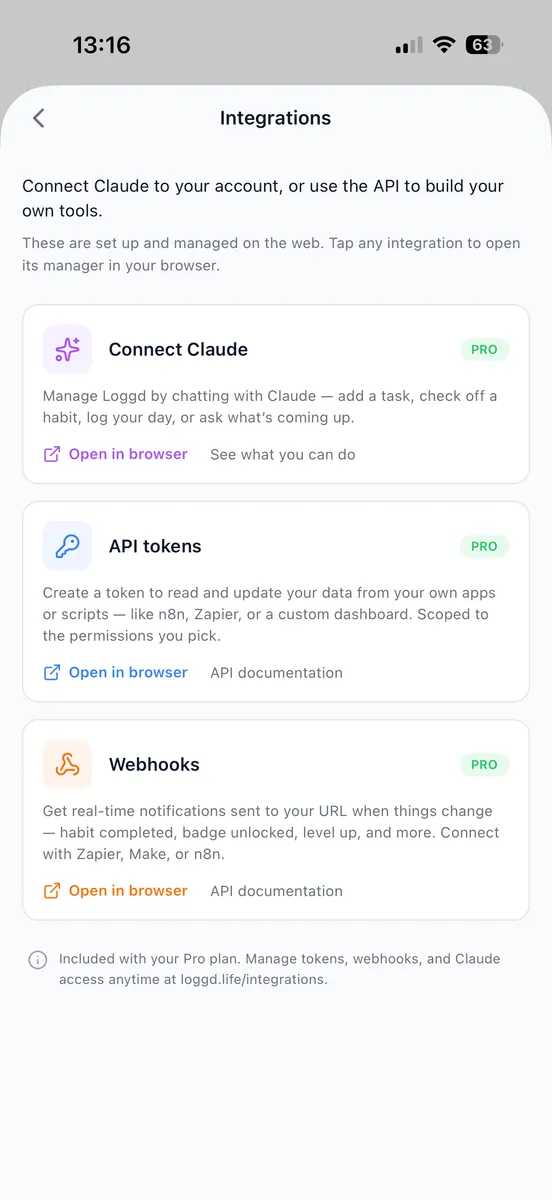 The Integrations screen on iPhone showing Claude, API tokens and webhooks