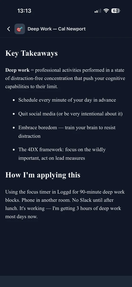A formatted book-notes page on iPhone
