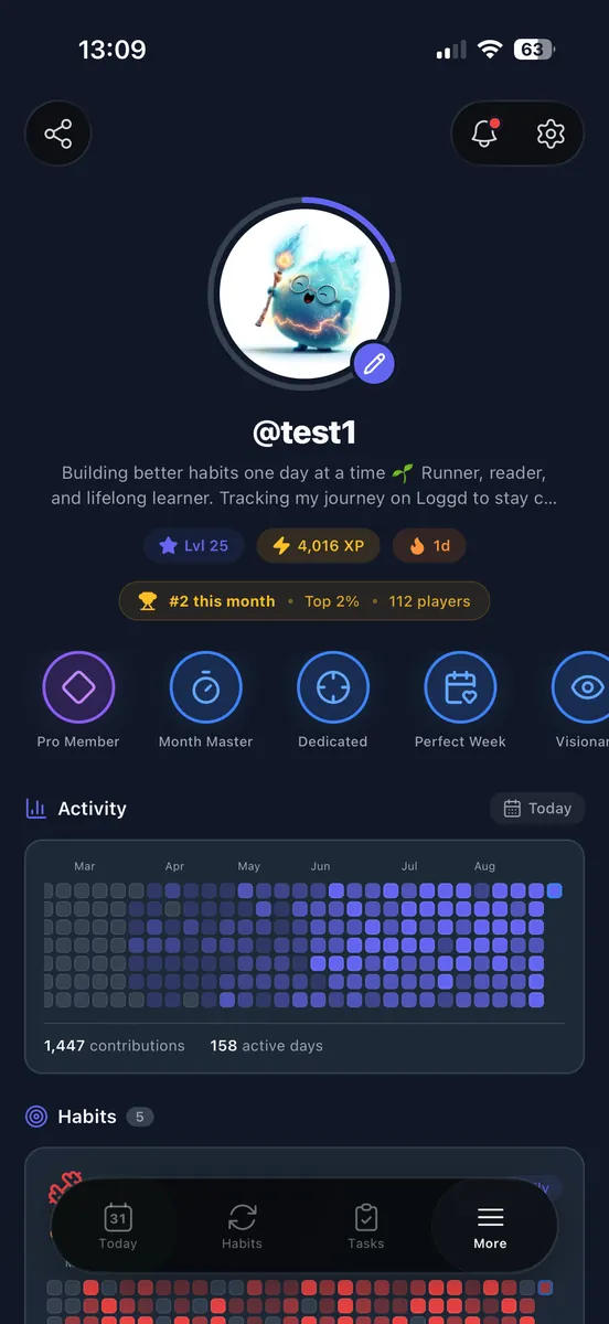A profile on iPhone showing level, XP and a contribution grid