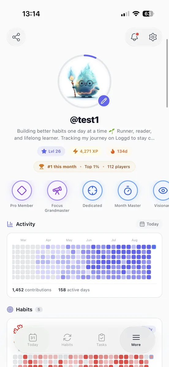 A profile on iPhone showing level, XP and a contribution grid