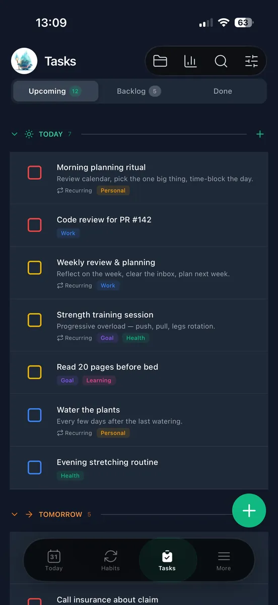 The Tasks screen on iPhone showing today and tomorrow with subtasks