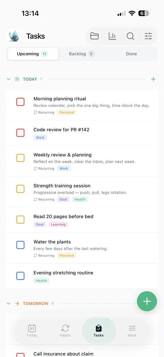 The Tasks screen on iPhone showing today and tomorrow with subtasks