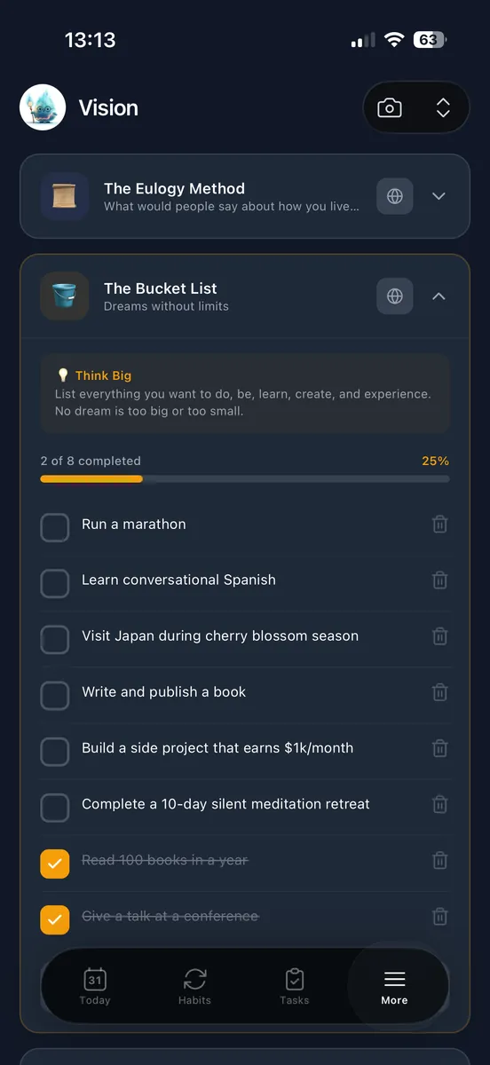 The Vision screen on iPhone showing the bucket list exercise