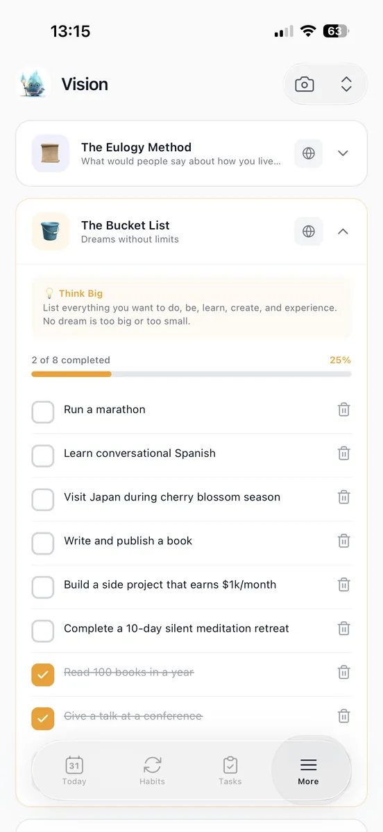 The Vision screen on iPhone showing the bucket list exercise